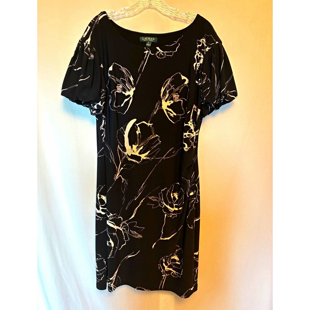 Lauren Ralph Lauren Women’s Dress Size 16 Black White Floral Knee Zip Flutter